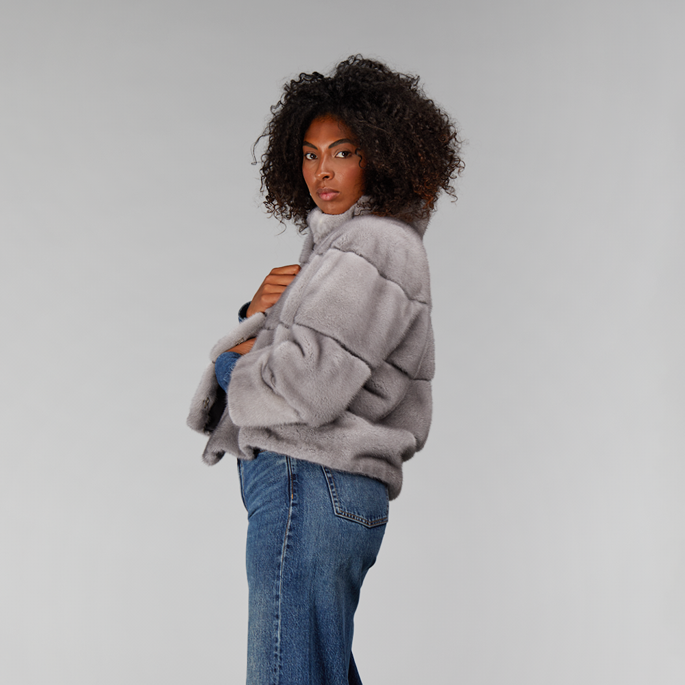 Short basic mink jacket, sapphire color, 55 cm