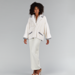 Oversized mink jacket of whole pelts with English collar, white color, 70 cm