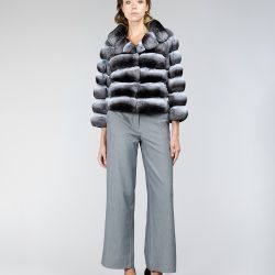 Lynx fur jacket with high collar, natural color, 55 cm