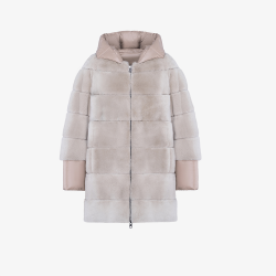 Piumino lungo con cappuccio reversibile in rex beige 85 cm