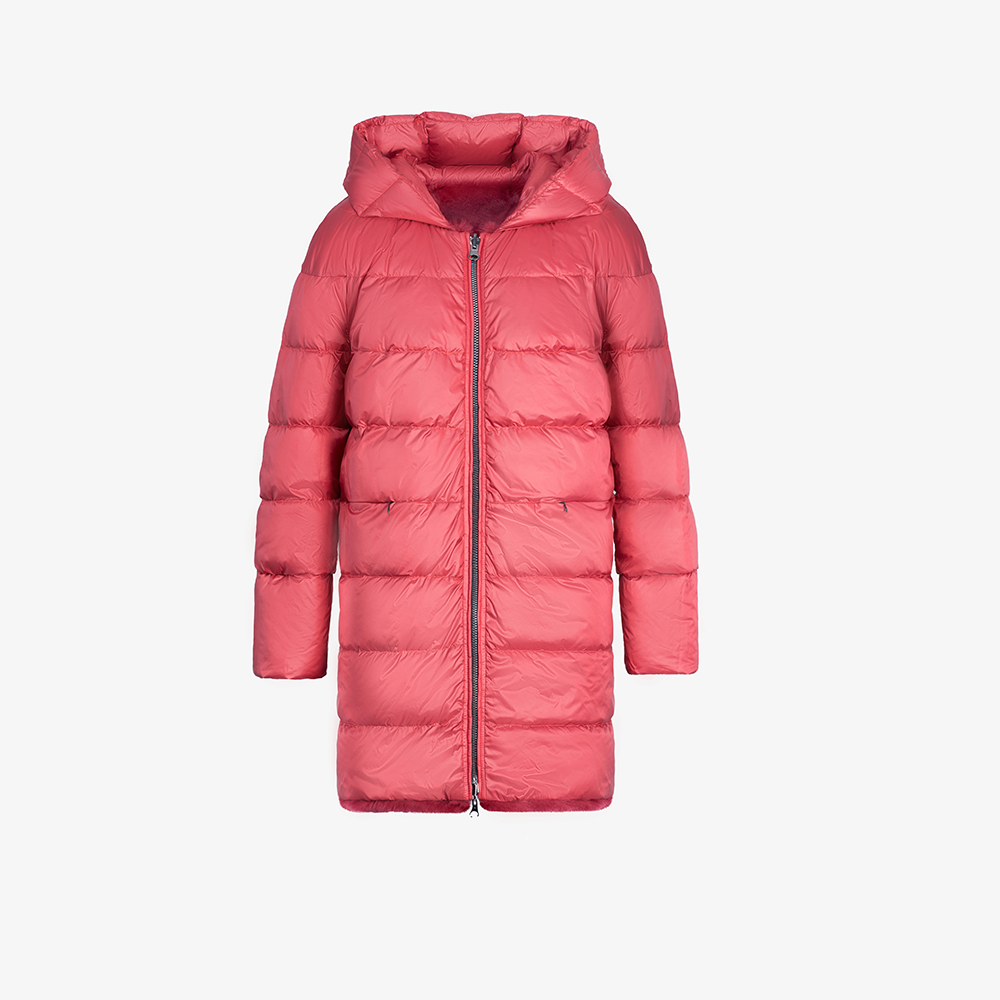 Piumino lungo con cappuccio reversibile in rex rosso 85 cm