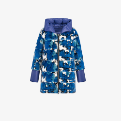 Reversible down jacket with hood, geometric pattern, blue, 80 cm