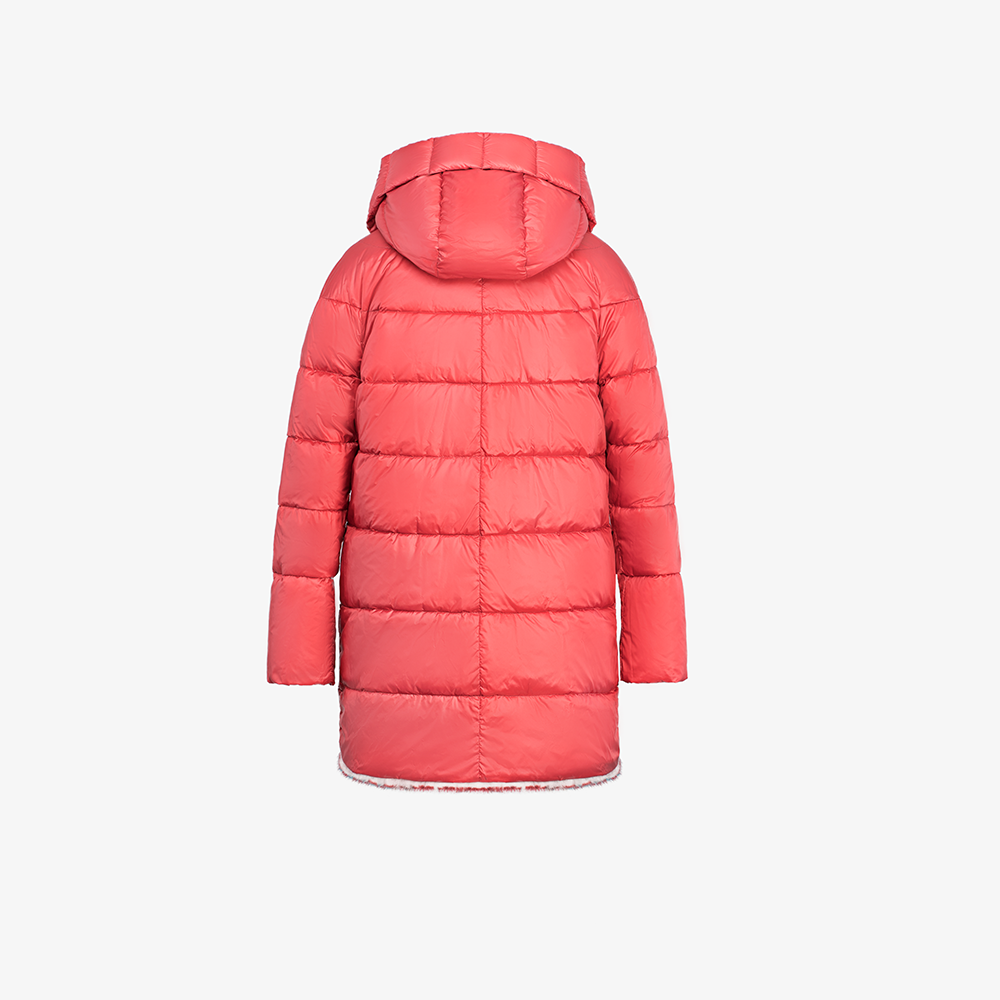 Reversible down jacket with hood floral pattern red 80 cm