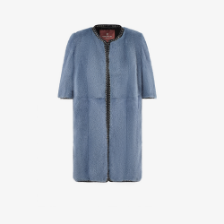 Cappotto in visone senza collo con zip azzurro 80 cm