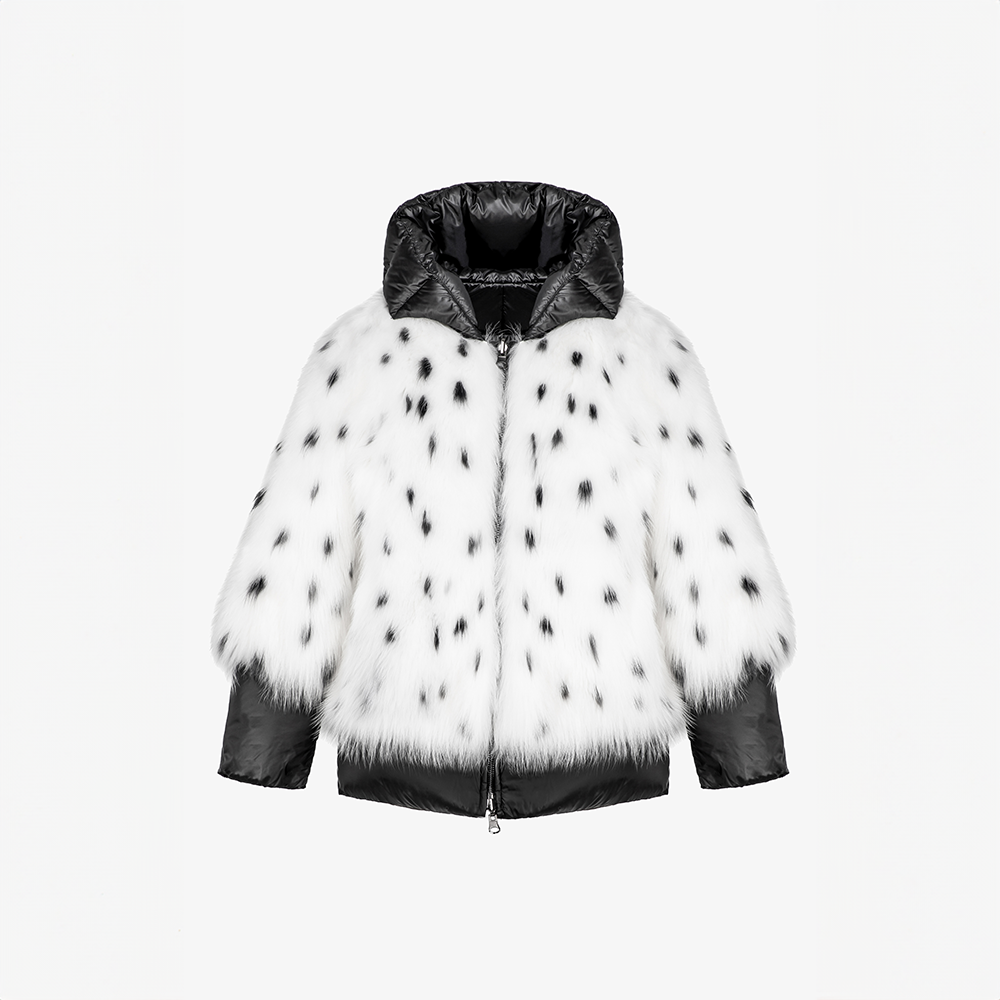 White fur coat with black spots on sale