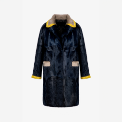 Manteau en peau de kid persan avec col anglais bleu nuit de 95 cm