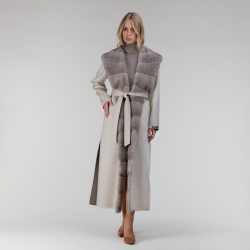 Cappotto lungo in cashmere con bordo in visone e cintura beige 130 cm