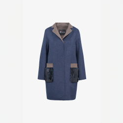 Cappotto in cashmere con collo e tasche in visone blu 90 cm