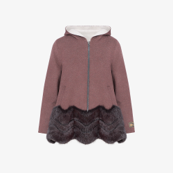 Cappotto in cashmere con cappuccio e finiture in visone bordeaux 70 cm