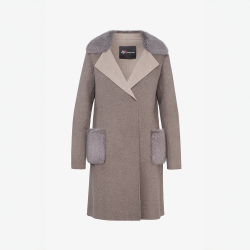 Cappotto in cashmere con collo e tasche in visone fango 90 cm