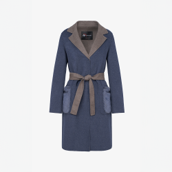 Cappotto in cashmere con collo inglese e tasche in visone blu 95 cm