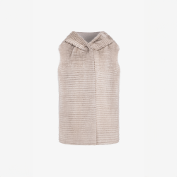Gilet in cashmere con cappuccio e finiture in visone grigio chiaro 65 cm