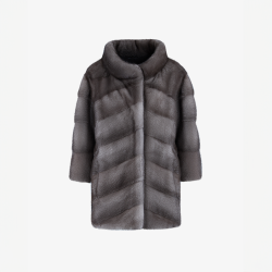 Mink coat with high collar and diagonal layout, blue iris color, 75 cm