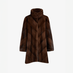 Cappotto di visone con collo alto e lavorazione diagonale mogano 90 cm