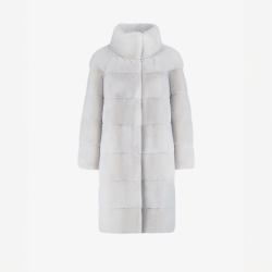 Manteau en vison à col montant et finition horizontale angora 95 cm