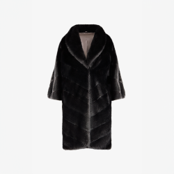 Mink coat with English collar and diagonal layout, black color, 100 cm