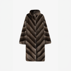 Cappotto di visone con collo alto e lavorazione diagonale marrone 105 cm