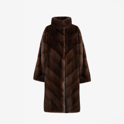 Mink coat with high collar and diagonal layout, mahogany color, 105 cm
