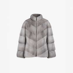 Mink jacket with band collar and zip closure, sapphire color, 65 cm