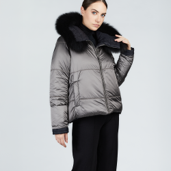 Piumino corto reversibile con cappuccio in volpe grigio 68 cm