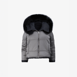 Piumino corto reversibile con cappuccio in volpe grigio 68 cm
