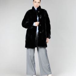 Manteau en vison à col montant, noir, 85 cm