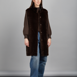 Gilet lungo in rex reversibile con chiusura a bottoni, marrone, 90 cm