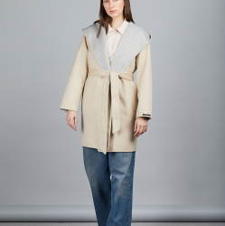 Two-tone cashmere short coat with hood and belt, beige and grey, 90 cm