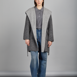 Cappotto corto in cashmere bicolore con cappuccio e cintura, grigio, 90 cm