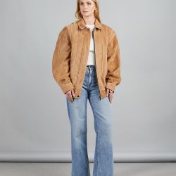Oversized suede jacket with zip, camel, 70 cm