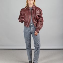 Bomber crop di pelle con elastico e zip bordeaux 50cm