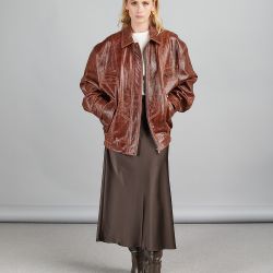 Oversized leather jacket with zip cognac 70cm
