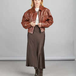 Bomber court en cuir avec élastique et fermeture éclair, cognac, 50 cm