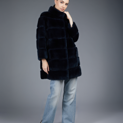 Cappotto in rex con collo alto blu notte 85cm
