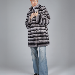 Rex coat with high white and black collar, 85cm long.