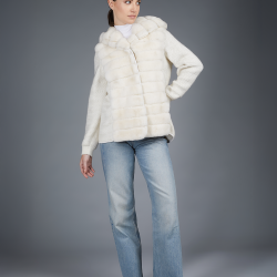 Giacca in rex e maglia reversibile con cappuccio bianco 70cm