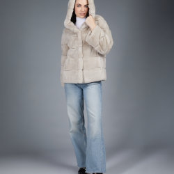 Giacca oversized in rex con cappuccio beige 65cm