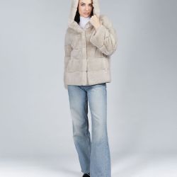 Giacca oversized in rex con cappuccio beige 65cm