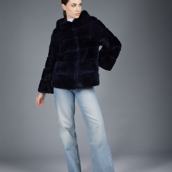 Giacca oversized in rex con cappuccio blu notte 65cm