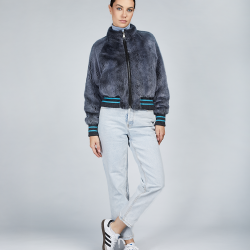 Bomber in visone  con chiusura a zip grigio scuro 55cm