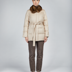 Piumino in cashmere con collo di zibellino e cintura beige 75cm