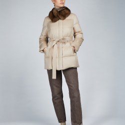 Piumino in cashmere con collo di zibellino e cintura beige 75cm
