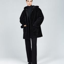 Cappotto in montone con zip e cappuccio reversibile nero 80cm