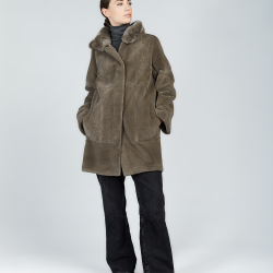 Cappotto in rex reversibile con collo alto grigio 85cm