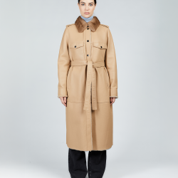 Manteau long en peau de mouton avec ceinture et col en vison beige 115cm