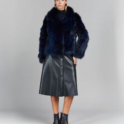 Fox jacket with high collar, blue color, 55 cm