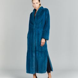 Cappotto in visone a pelle intera con collo a scialle, turchese, 135 cm