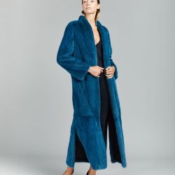 Cappotto in visone a pelle intera con collo a scialle, turchese, 135 cm