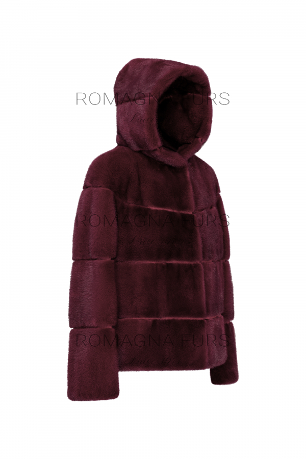 Mink fur jacket with hood, Rosso color, length 60 cm